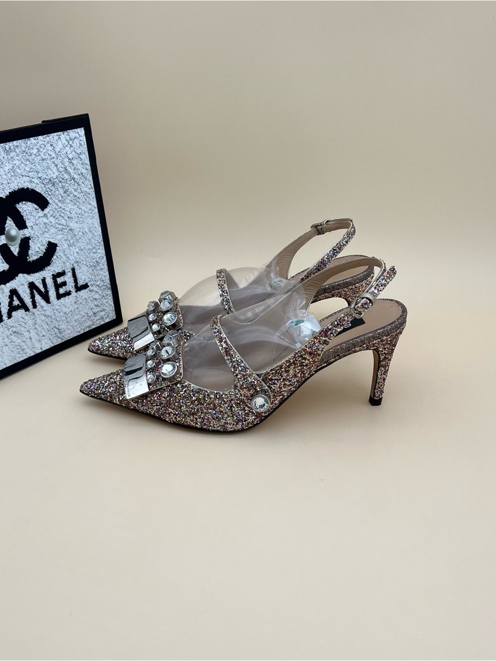 🚩steal Sergio Rossi Multicolor Glitter Slingback Heels with Crystal Bow
